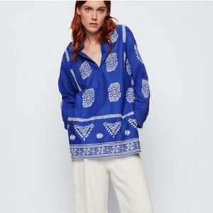 Zara Blue and White Embroidered Tunic Hi Low Hem Size L